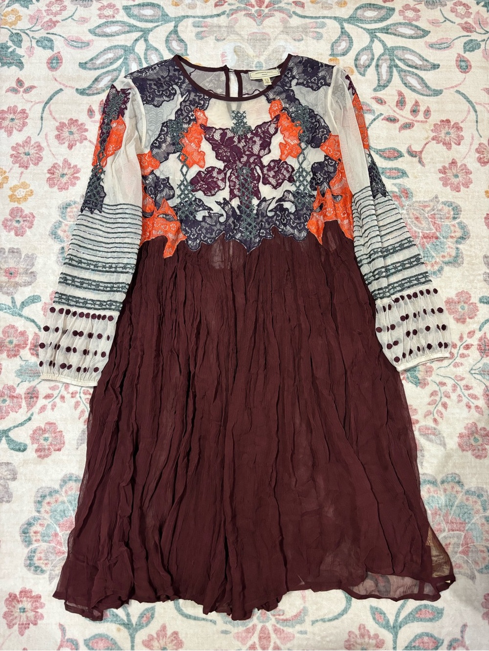 Anthropologie Burgundy Long-Sleeve Beaded Lace Applique Boho Dress